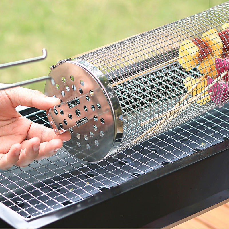 304 Food Grade Stainless Steel Rolling BBQ Grill Basket with Anti-Scald Wooden Handle