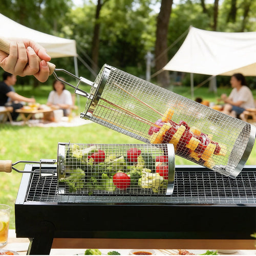 304 Food Grade Stainless Steel Rolling BBQ Grill Basket with Anti-Scald Wooden Handle
