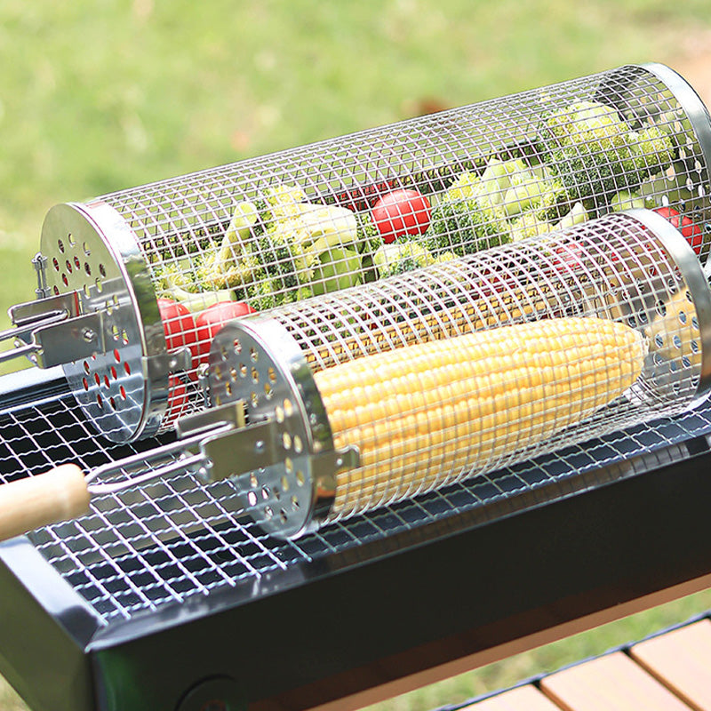 304 Food Grade Stainless Steel Rolling BBQ Grill Basket with Anti-Scald Wooden Handle