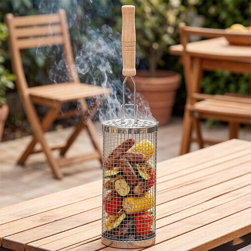 304 Food Grade Stainless Steel Rolling BBQ Grill Basket with Anti-Scald Wooden Handle