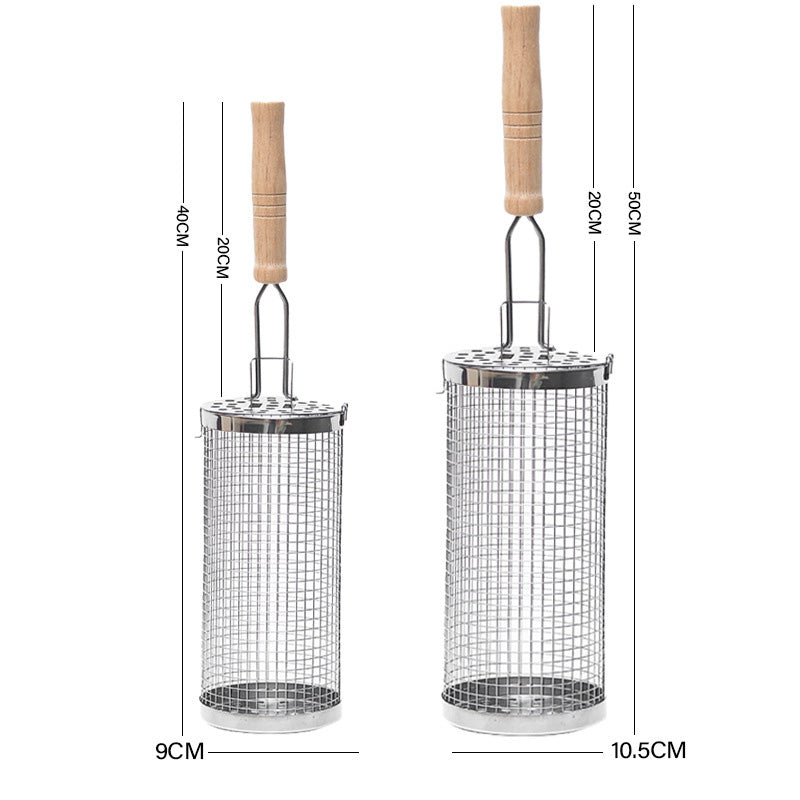 304 Food Grade Stainless Steel Rolling BBQ Grill Basket with Anti-Scald Wooden Handle