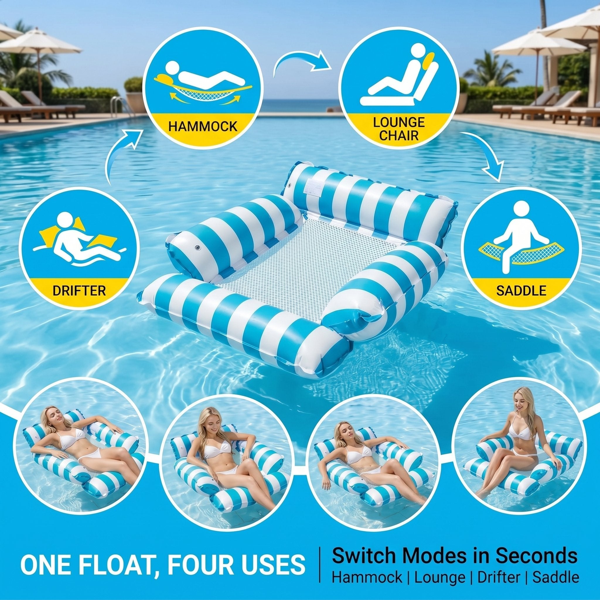 4-in-1 Inflatable Water Hammock – Pool Floating Lounge Chair & Swimming Bed